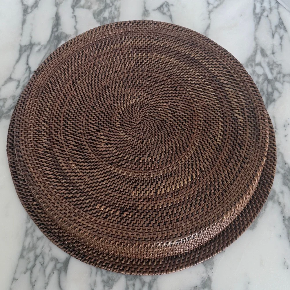 Woven Rattan Chip and Dip Serving Tray Brown Boho Round Wicker Platter 15.5 inch